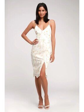 Lulus Starleena Cream & Taupe Floral Embroidered Bodycon Midi Dress Size Medium